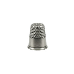 Solitary, classic metal sewing thimble, a full object against a pristine, transparent plain background in a sterile studio with shadowless lighting, distinct 3/4 view Concept for precision