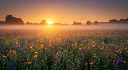 Naklejka premium Vibrant Wildflower Meadow at Sunrise with Misty Fog