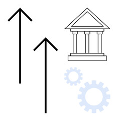 Two upward arrows, a classical bank building, and gears represent financial growth, institutional progress, and system improvement. Ideal for economy, finance, banking, development strategy