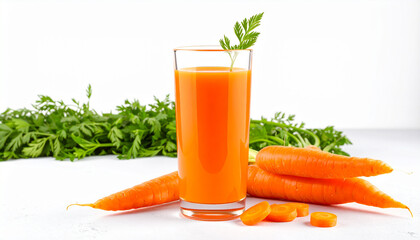 Carrot juice in tall glass with fresh carrots. Healthy and tasty beverage. Nutrition concept.