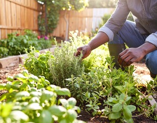 Woman picking herbs in backyard garden