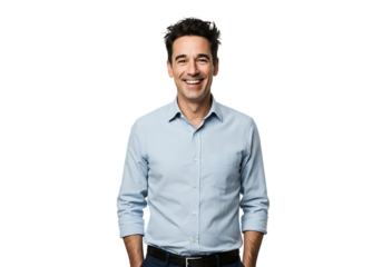 Smiling man in light blue shirt standing confidently isolated on transparent background