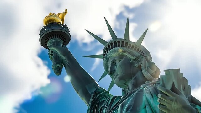 Close-up view of Lady Liberty's torch and raised arm, against a partly cloudy sky.