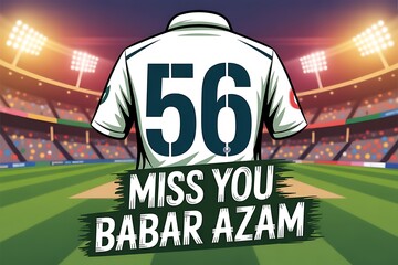 Cricket fans express longing for Babar Azam with stadium illustration, jersey number 56, illuminated floodlights, emotional tribute
