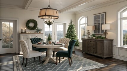 Fototapeta premium Classic European Christmas dining room with round travertine table and elegant holiday styling for Pacific Northwest homes