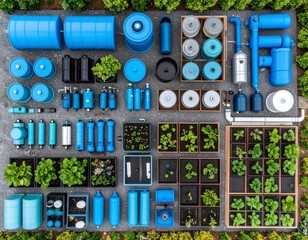 Organized layout of hydroponic gardening tools, pipes, and small plants.