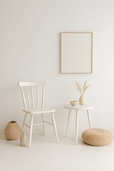 Minimalist White Room Interior Design with Chair, Side Table, and Frame