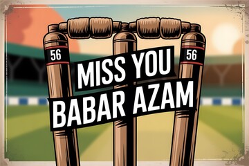 Cricket stumps with "Miss You Babar Azam" text, a tribute to a beloved player with a vintage, nostalgic feel, perfect for sports fans