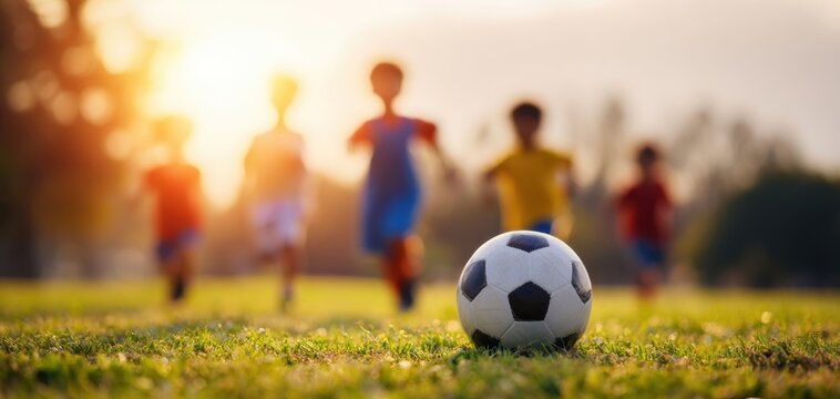 The children are playing soccer during a sunset on the grassy field. - Powered by Adobe
