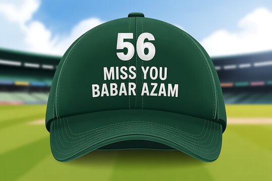 Green cricket cap with "56 Miss You Babar Azam" inscription against stadium background, capturing sports fandom and nostalgia