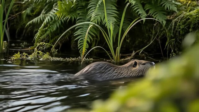 A nutria swims in a pond, surrounded by lush green vegetation, with ripples on the water's surface.