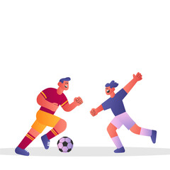Flat vector illustration of two soccer players chasing the ball in an active match. Vibrant and dynamic design, suitable for posters, infographics, sports campaigns, and editorial use.