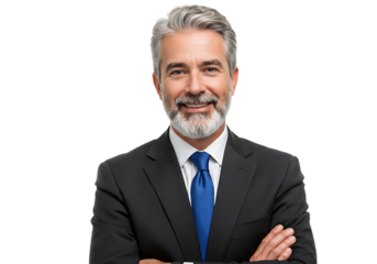 Smiling businessman with gray hair and blue tie isolated on transparent background