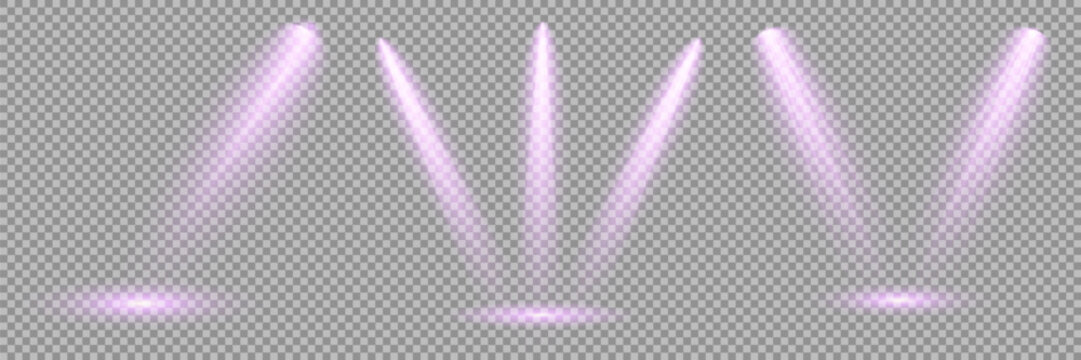 Concert lighting set includes soft beams Empty stage with spotlights. Light sources on dark wall, realistic soft concert light on abstract stage png. Multiple beam angles suit event or product scenes.