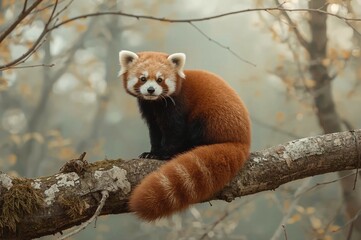Fototapeta premium Red panda sitting on branch, misty forest, autumn