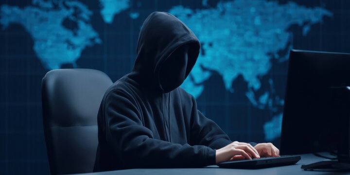 mysterious figure in a hooded sweatshirt sits at a computer, with a world map backdrop, suggesting themes of hacking and cybersecurity.
