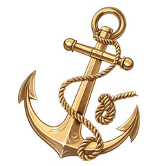 Shiny golden anchor on transparent background for nautical posters, marine branding, adventure concepts and decorative designs