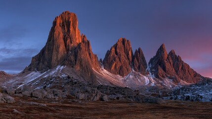 Fototapeta premium Dramatic mountain peaks bathed in the golden light of dawn.