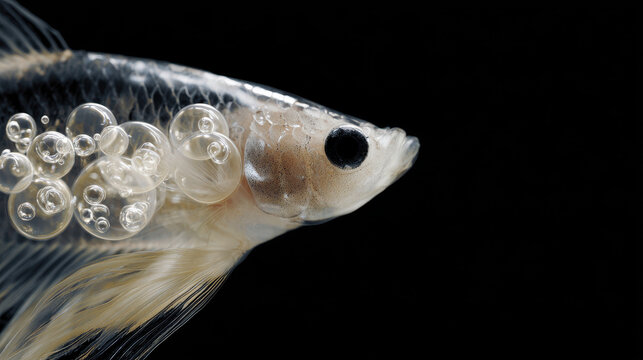 Transparent betta fish with bubbles against black background