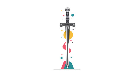 A magnificent ancient sword stands tall surrounded by colorful abstract shapes and bubbles on a clean white background