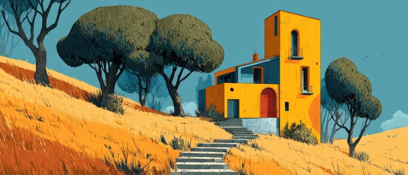 Sunny hilltop home with vibrant yellow house and lush trees