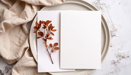 Flat lay of a blank greeting card and dried plant sprig on a textured plate, accented by a neutral linen napkin, evoking autumn elegance and simplicity