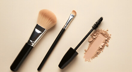 Obraz premium Elevated beauty tools showcasing professional makeup brushes and powder against a neutral backdrop creating an elegant