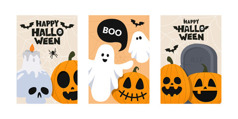 Set of Happy Halloween greeting cards. Celebration party invitations or poster designs. Trick or Treat. Traditional symbols. Vector illustration.