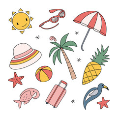A vibrant seamless pattern with a set of colorful summer icons, including beach, sun, food, and vacation symbols