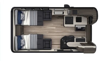 Modern RV Interior Layout with Two Beds and Kitchen Area