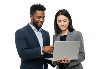 Diverse business colleagues collaborating on a laptop computer isolated on transparent background