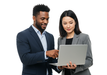 Diverse business colleagues collaborating on a laptop computer isolated on transparent background