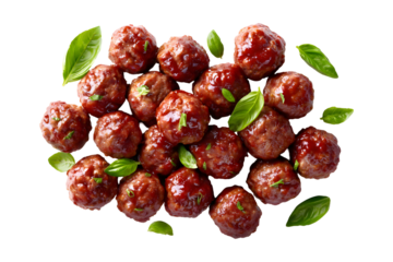 Delicious homemade meatballs with fresh basil isolated against a transparent background