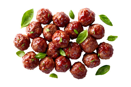 Delicious homemade meatballs with fresh basil isolated against a transparent background
