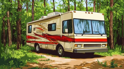 Vintage RV in a Serene Forest Setting Surrounded by Lush Trees