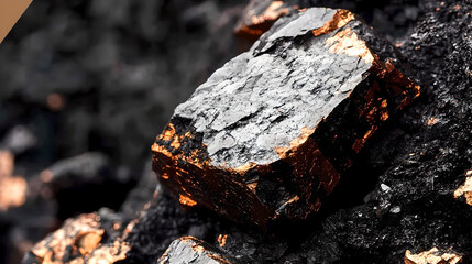 Fototapeta premium Raw molybdenum ore crystals on black shale with metallic reflections,showcasing strategic mineral resources and clean energy materials for industrial use.