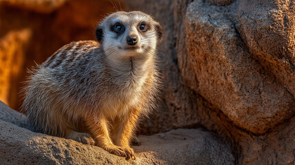 Fototapeta premium A meerkat standing on the rock , orange light color tone.