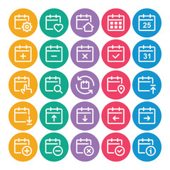 Circle color outline icons set for Calendar, agenda, event.