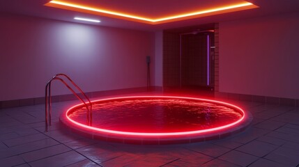 Modern Indoor Pool with Neon Lighting and Calm Water Surface
