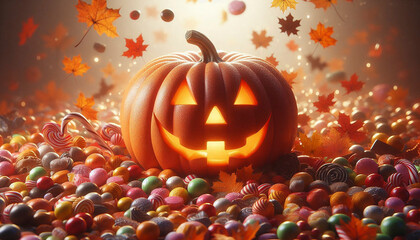 Halloween pumpkin with colorful candies and spooky atmosphere