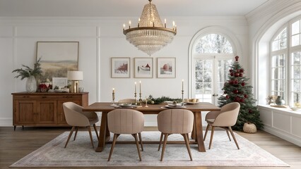 Minimalist White Interiors Christmas dining room with square walnut wood table and elegant holiday styling for Southwest desert homes