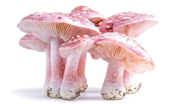 Pinkishred spotted mushrooms cluster on white showcasing gills and thick stems