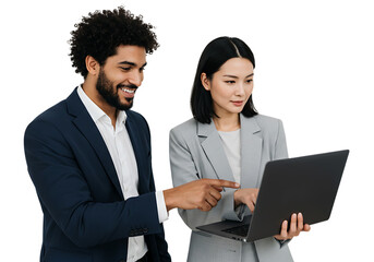 Diverse business colleagues collaborating on a laptop project isolated on transparent background
