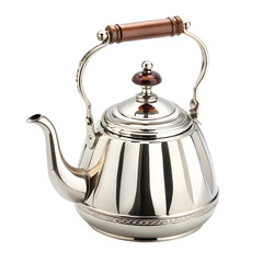 Elegant Silver Kettle with Wooden Handle: Close-up Studio Shot of Polished Metal Teapot on transparent background