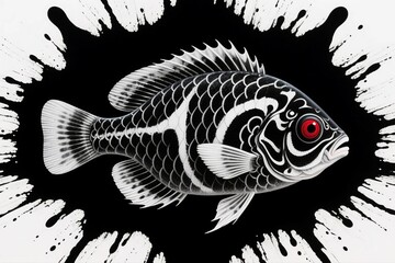 Intricate Black and White Fish with Red Eye on Splash Background