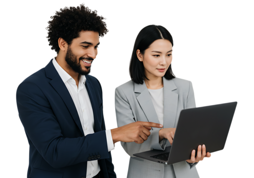 Diverse business colleagues collaborating on a laptop project isolated on transparent background