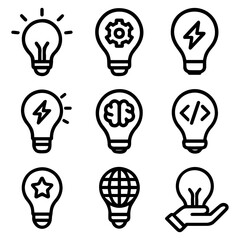 Naklejka premium Collection of Nine Unique Lightbulb Icons Representing Ideas Innovation and Concepts.