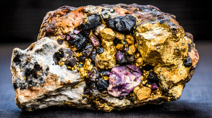 Raw rare earth mineral crystals on the weathered crust of yellow brown granite exhibit metallic...