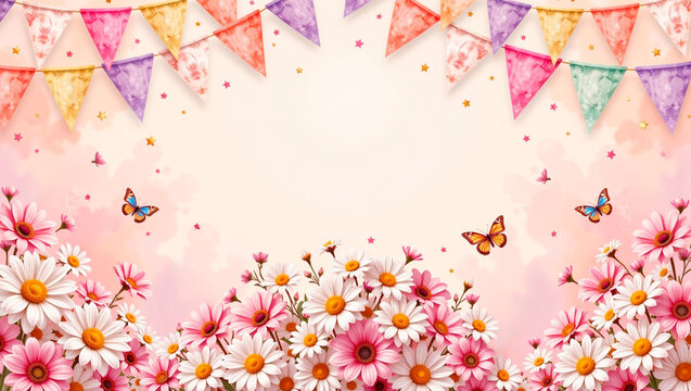 Colorful floral background with butterflies and festive bunting  