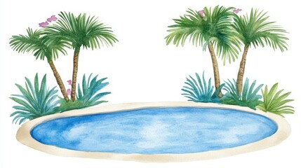 Tranquil Watercolor Pool Surrounded by Lush Tropical Foliage
